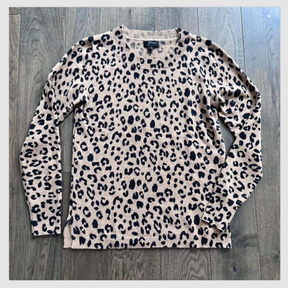 J. Crew 100% Cashmere Animal Print Crewneck Sweater Tan Black Size XS